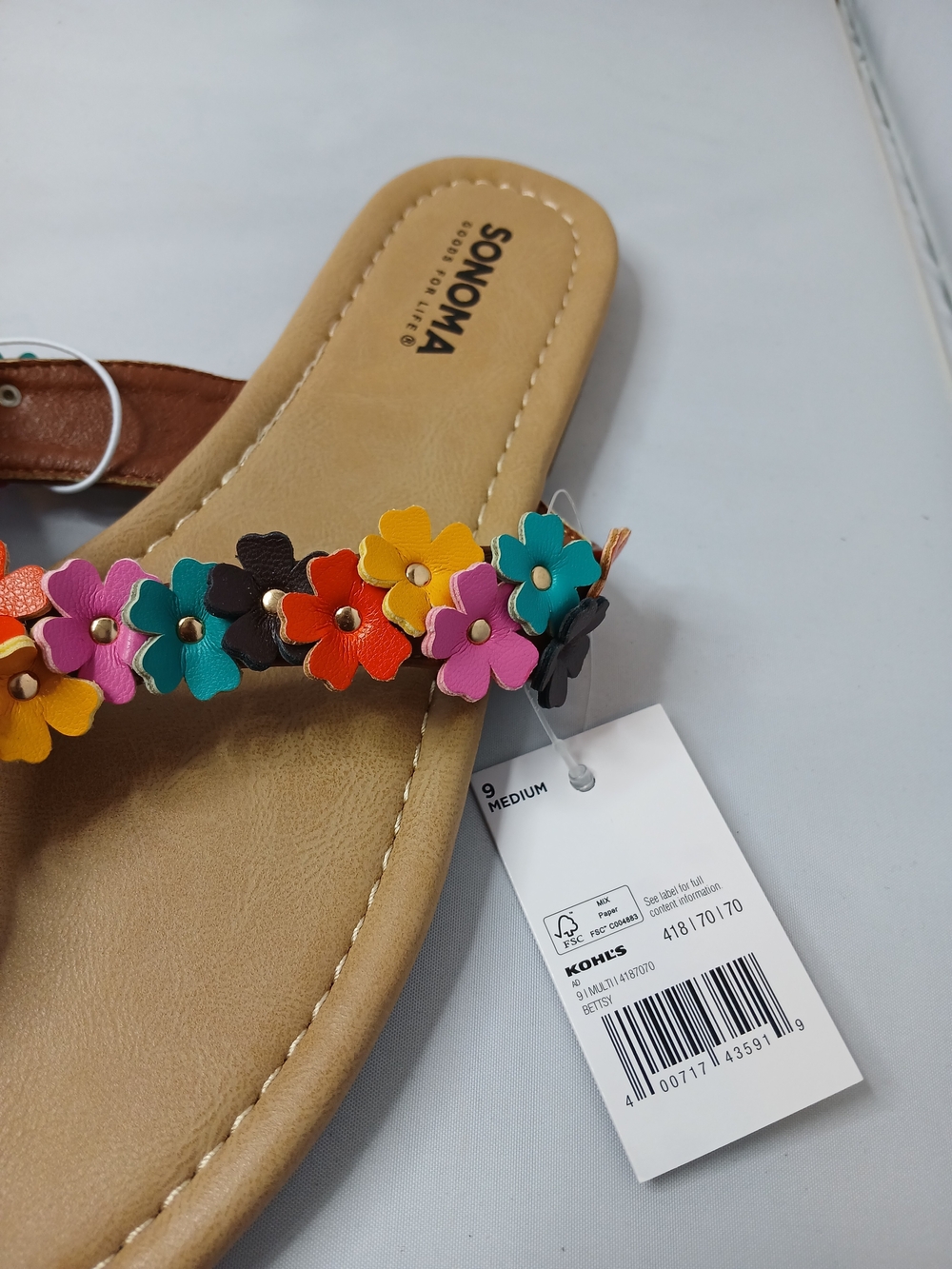 A155. SONOMA Floral Thong Sandals Brown & Multicolor US 9 NWT - Picture 4 of 5